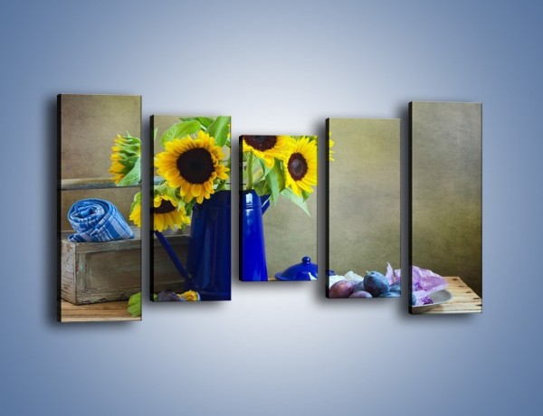 Obraz na płótnie – Słoneczniki w niebieskiej konewce – pięcioczęściowy K420W2