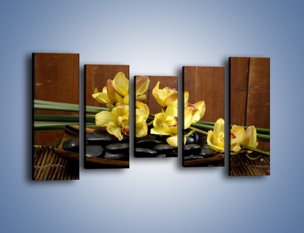 Obraz na płótnie – Kwiaty na drewnianym naczyniu – pięcioczęściowy K575W2