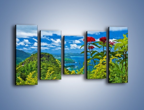 Obraz na płótnie – Bordowe kwiaty w górskim krajobrazie – pięcioczęściowy KN561W2