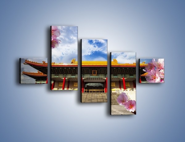 Obraz na płótnie – Azjatycka architektura z kwiatami – pięcioczęściowy AM298W3