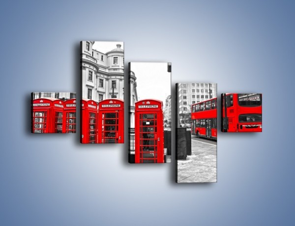 Obraz na płótnie – Czerwony autobus i budki telefoniczne – pięcioczęściowy AM397W3