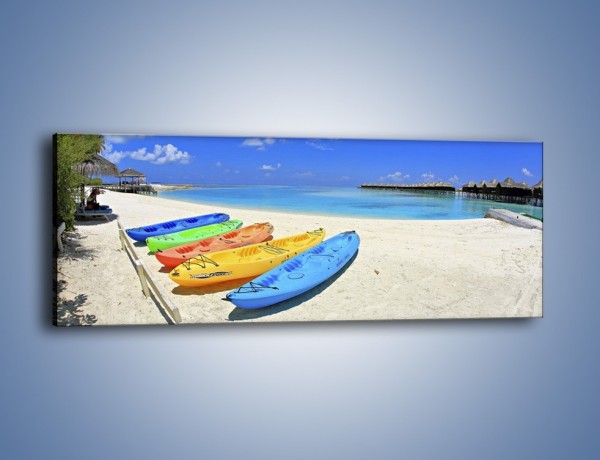 Obraz na płótnie – Rajska wyspa i kolorowe kajaki – jednoczęściowy panoramiczny KN1102A