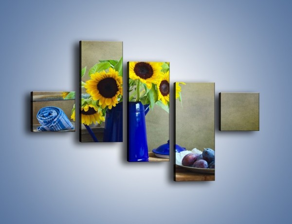 Obraz na płótnie – Słoneczniki w niebieskiej konewce – pięcioczęściowy K420W3