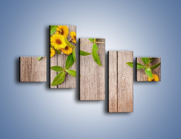 Obraz na płótnie – Słoneczne kwiatuszki na deskach – pięcioczęściowy K645W3