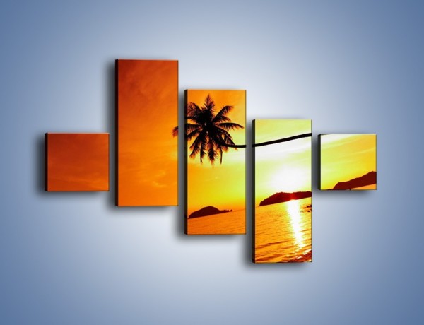 Obraz na płótnie – Palma o zachodzie słońca – pięcioczęściowy KN1077W3