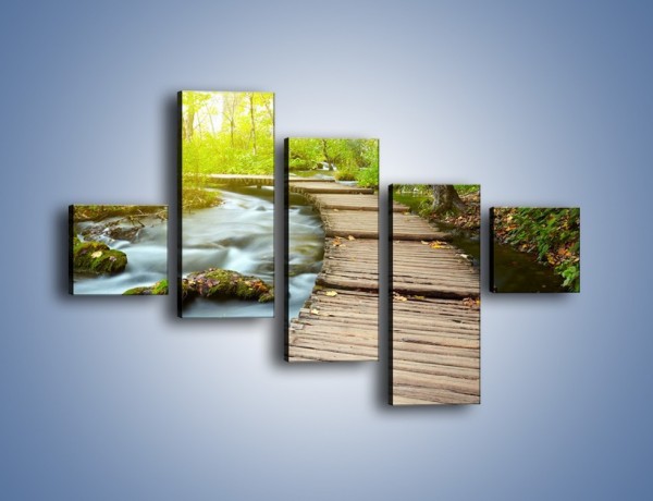 Obraz na płótnie – Listki na drewnianym mostku – pięcioczęściowy KN925W3