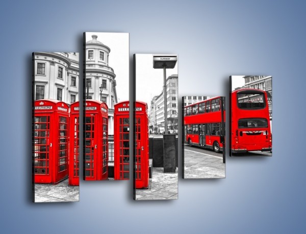 Obraz na płótnie – Czerwony autobus i budki telefoniczne – pięcioczęściowy AM397W4
