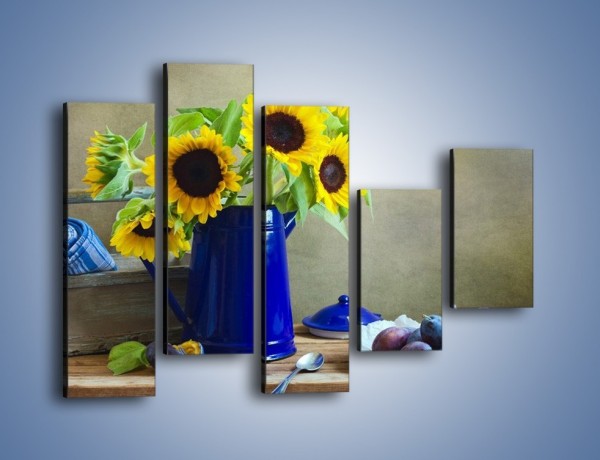 Obraz na płótnie – Słoneczniki w niebieskiej konewce – pięcioczęściowy K420W4