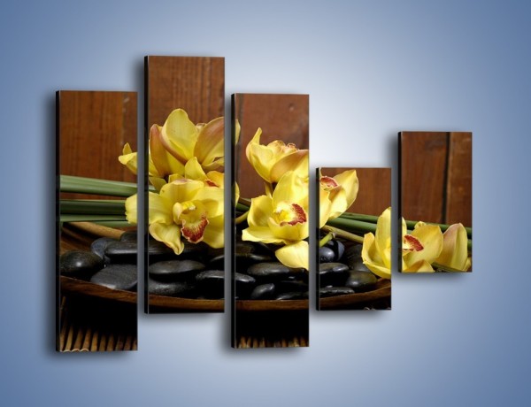 Obraz na płótnie – Kwiaty na drewnianym naczyniu – pięcioczęściowy K575W4