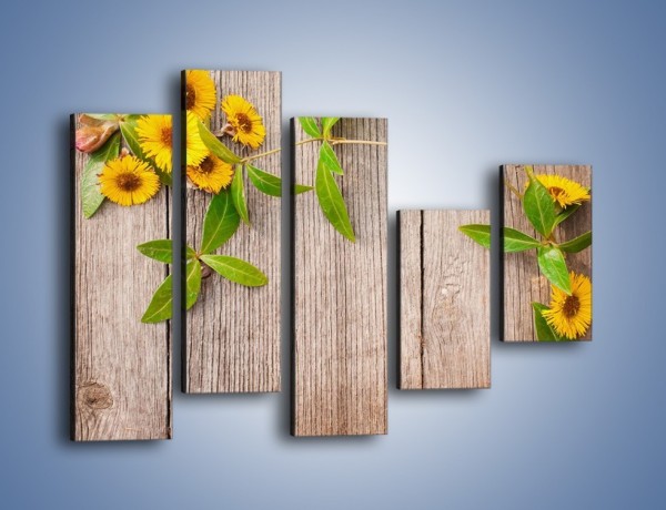 Obraz na płótnie – Słoneczne kwiatuszki na deskach – pięcioczęściowy K645W4