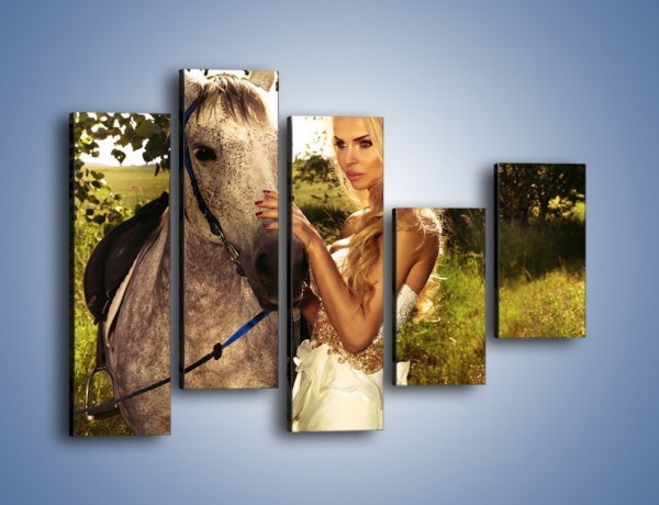 Obraz na płótnie – Koń z kobietą w bieli – pięcioczęściowy L331W4