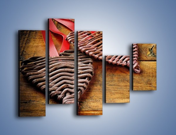 Obraz na płótnie – Plecione serca na drewnie – pięcioczęściowy O151W4