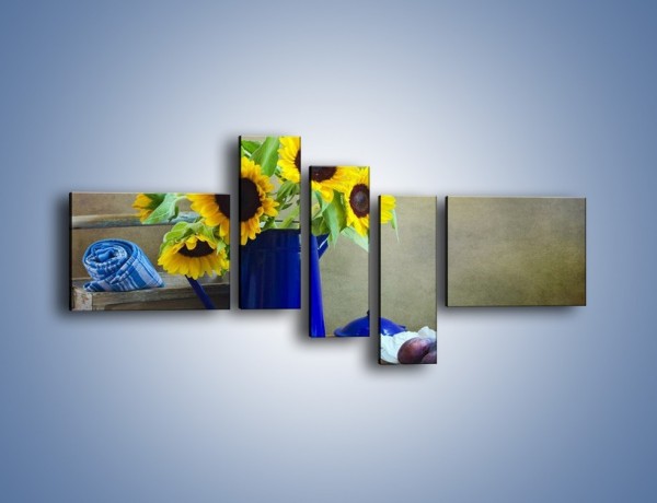 Obraz na płótnie – Słoneczniki w niebieskiej konewce – pięcioczęściowy K420W5