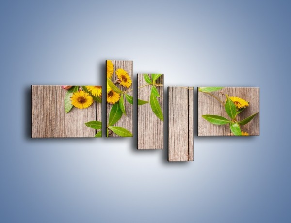 Obraz na płótnie – Słoneczne kwiatuszki na deskach – pięcioczęściowy K645W5