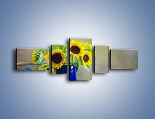 Obraz na płótnie – Słoneczniki w niebieskiej konewce – pięcioczęściowy K420W6