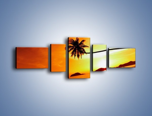 Obraz na płótnie – Palma o zachodzie słońca – pięcioczęściowy KN1077W6