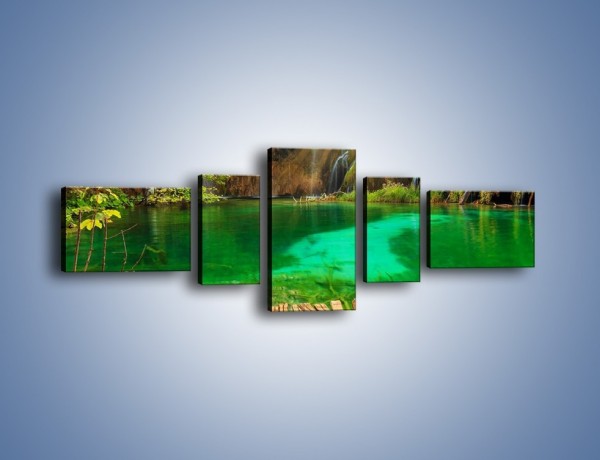 Obraz na płótnie – Zielone oczko wodne i drewno – pięcioczęściowy KN1149AW6