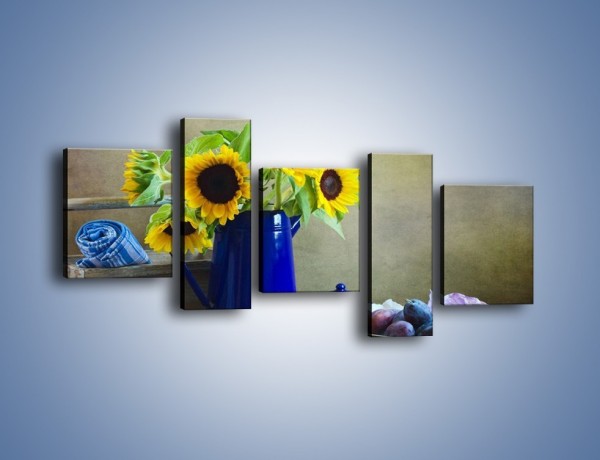 Obraz na płótnie – Słoneczniki w niebieskiej konewce – pięcioczęściowy K420W7