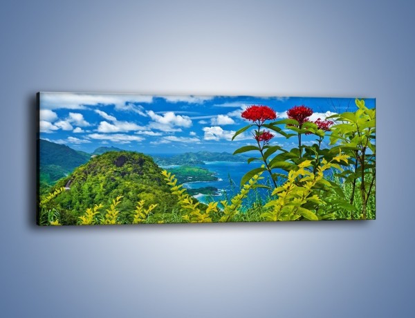 Obraz na płótnie – Bordowe kwiaty w górskim krajobrazie – jednoczęściowy panoramiczny KN561