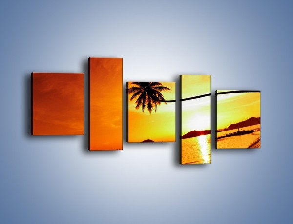 Obraz na płótnie – Palma o zachodzie słońca – pięcioczęściowy KN1077W7