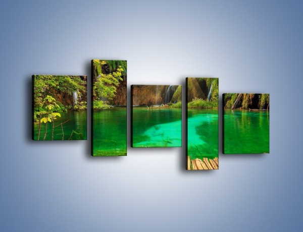 Obraz na płótnie – Zielone oczko wodne i drewno – pięcioczęściowy KN1149AW7