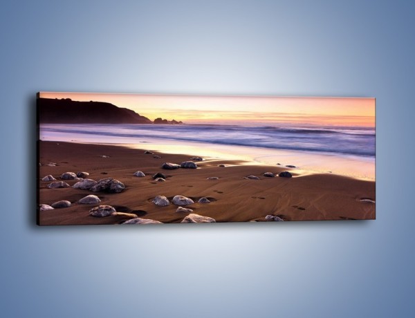 Obraz na płótnie – Porzucone kamienie w piaszczystym brzegu – jednoczęściowy panoramiczny KN735