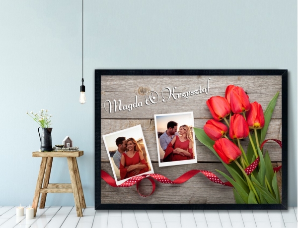 Plakat lub Obraz - Dwa zdjęcia obok tulipanów