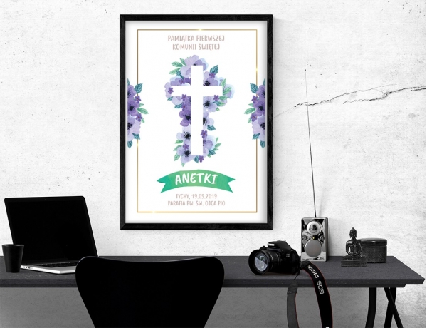 Plakat lub obraz na Pamiątkę I Komunii - Krzyż na fioletowych kwiatach