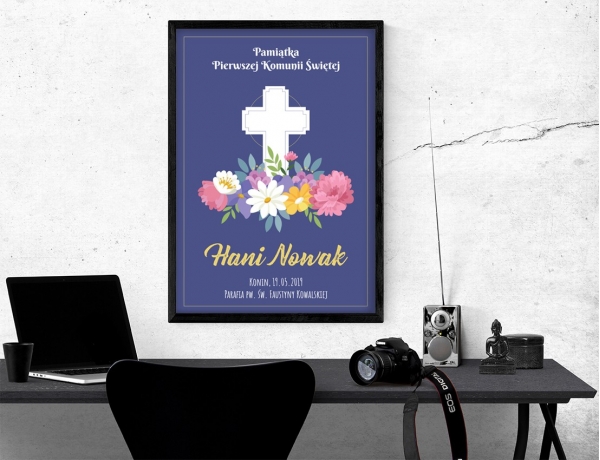 Plakat lub obraz na Pamiątkę I Komunii - Krzyż nad kwiatami