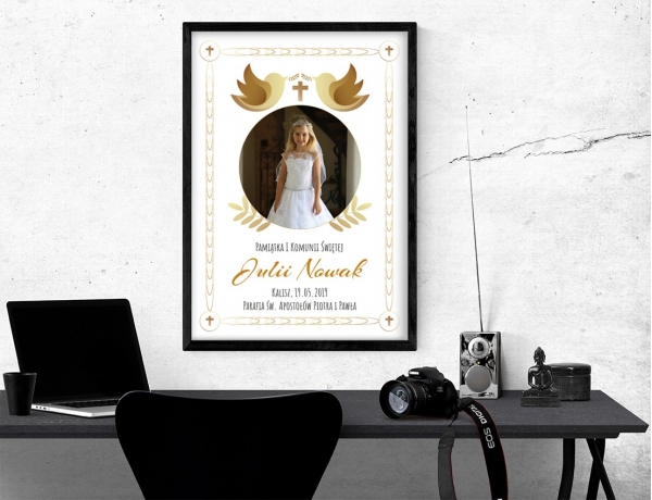 Plakat lub obraz na Pamiątkę I Komunii - Złote gołębie nad zdjęciem
