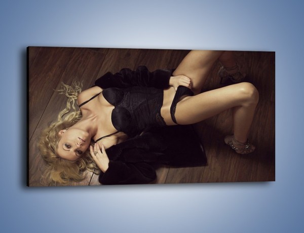 Obraz na płótnie – Kobieca pozycja na drewnianej podłodze – jednoczęściowy panoramiczny L175