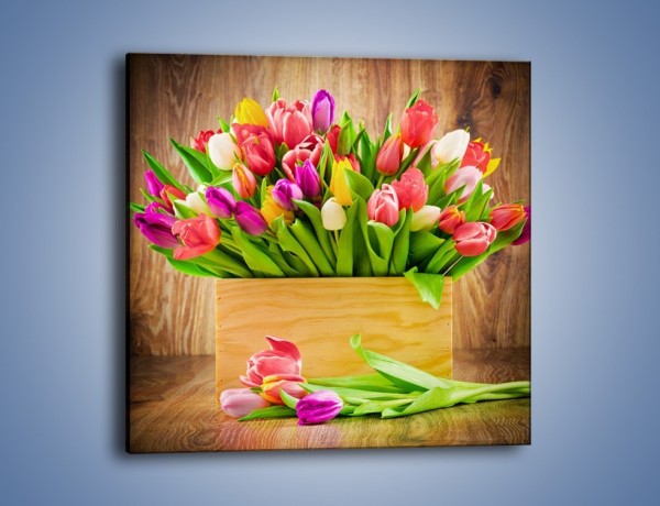 Obraz na płótnie – Skrzynia w tulipanach – jednoczęściowy kwadratowy K955
