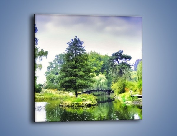 Obraz na płótnie – Drzewka woda i mostek – jednoczęściowy kwadratowy KN1114