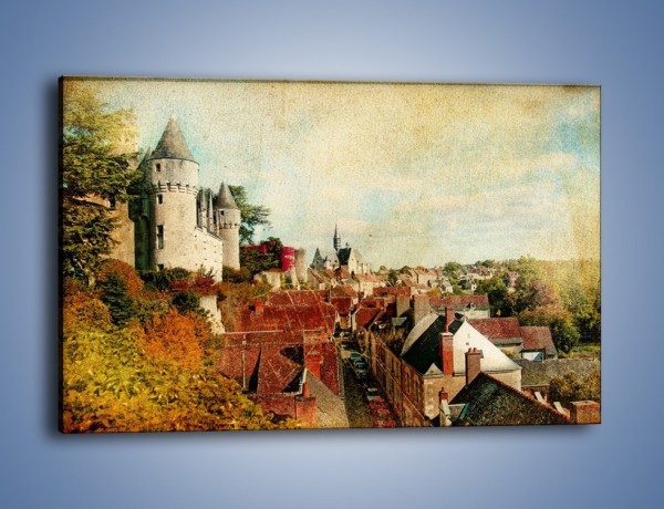 Obraz na płótnie – Zamek nad miasteczkiem w stylu vintage – jednoczęściowy prostokątny poziomy AM142