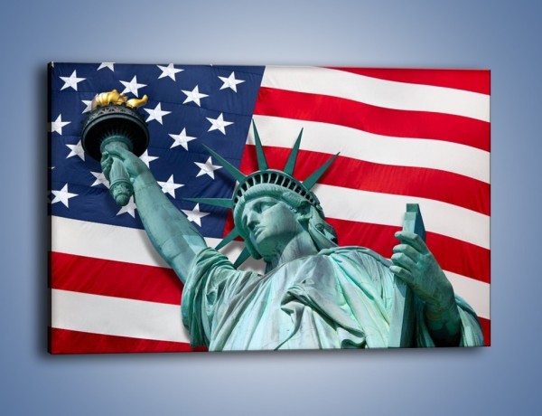 Obraz na płótnie – Statua Wolności na tle flagi USA – jednoczęściowy prostokątny poziomy AM435