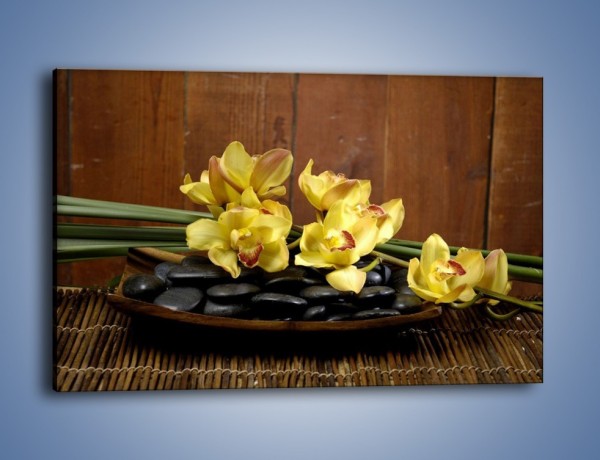 Obraz na płótnie – Kwiaty na drewnianym naczyniu – jednoczęściowy prostokątny poziomy K575