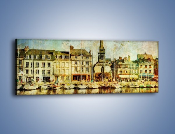 Obraz na płótnie – Łódki nad brzegiem miasteczka w stylu vintage – jednoczęściowy panoramiczny AM108