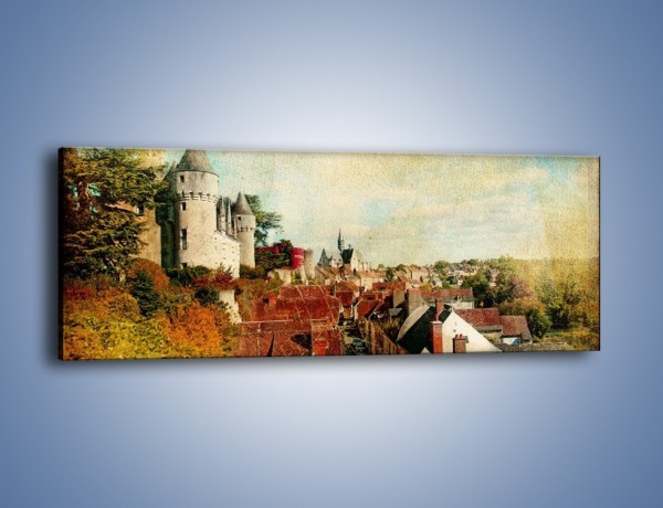 Obraz na płótnie – Zamek nad miasteczkiem w stylu vintage – jednoczęściowy panoramiczny AM142
