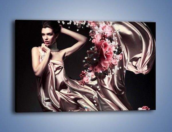 Obraz na płótnie – Kobieta otulona jedwabiem i kwiatami – jednoczęściowy prostokątny poziomy L199