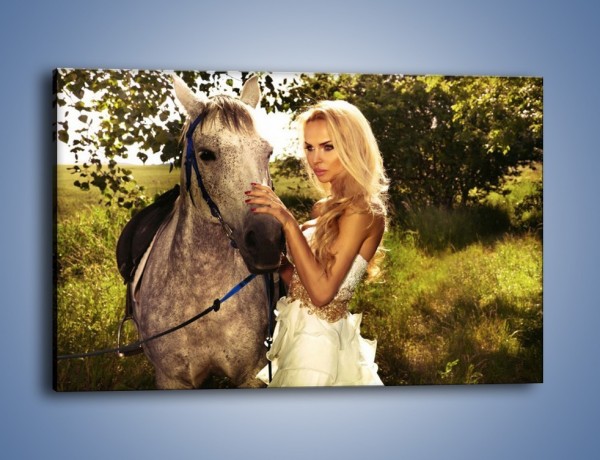 Obraz na płótnie – Koń z kobietą w bieli – jednoczęściowy prostokątny poziomy L331