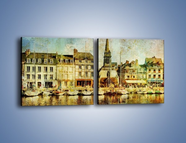 Obraz na płótnie – Łódki nad brzegiem miasteczka w stylu vintage – dwuczęściowy kwadratowy poziomy AM108