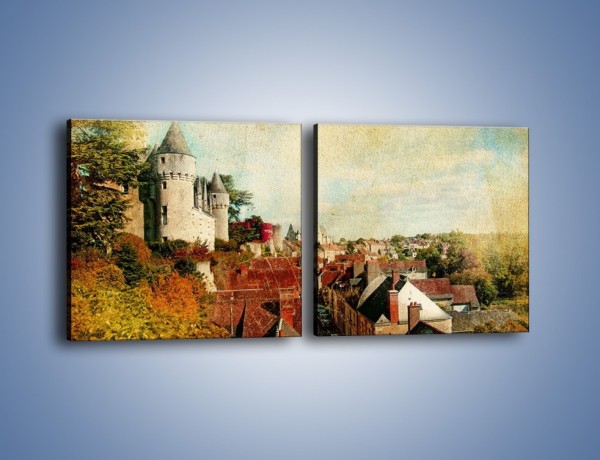 Obraz na płótnie – Zamek nad miasteczkiem w stylu vintage – dwuczęściowy kwadratowy poziomy AM142