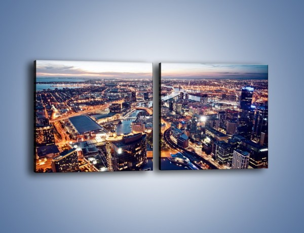 Obraz na płótnie – Panorama Melbourne po zmierzchu – dwuczęściowy kwadratowy poziomy AM470