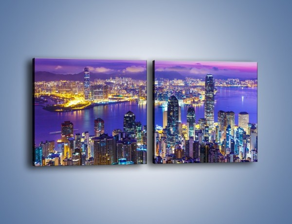Obraz na płótnie – Wieczorna panorama Hong Kongu – dwuczęściowy kwadratowy poziomy AM505