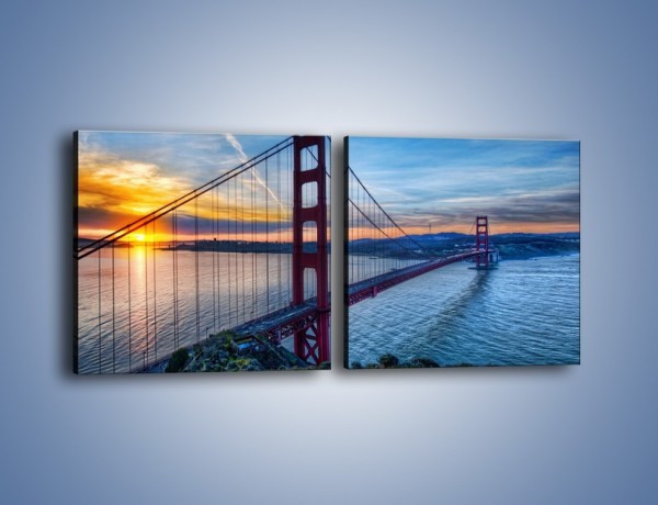 Obraz na płótnie – Wschód słońca nad mostem Golden Gate – dwuczęściowy kwadratowy poziomy AM539