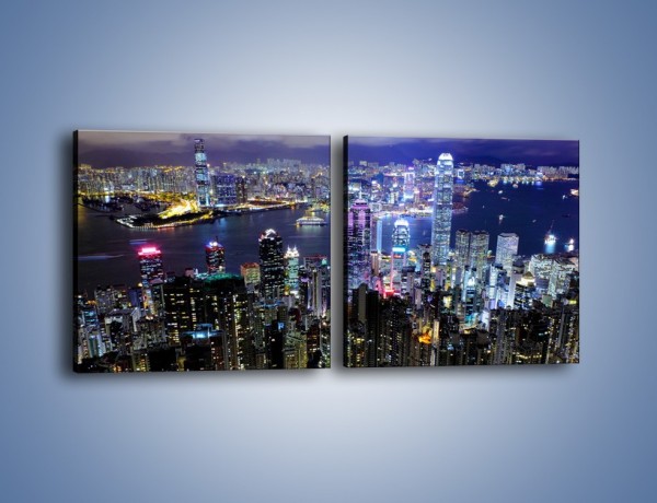 Obraz na płótnie – Nocna panorama Hong Kongu – dwuczęściowy kwadratowy poziomy AM772