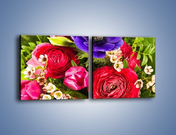 Obraz na płótnie – Wiązanka z kolorowych ogrodowych kwiatów – dwuczęściowy kwadratowy poziomy K035