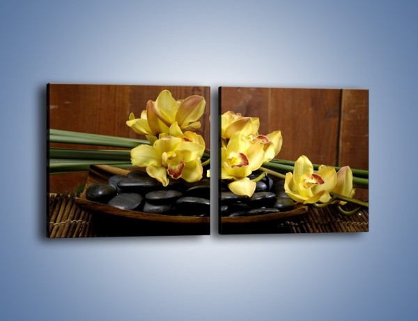 Obraz na płótnie – Kwiaty na drewnianym naczyniu – dwuczęściowy kwadratowy poziomy K575