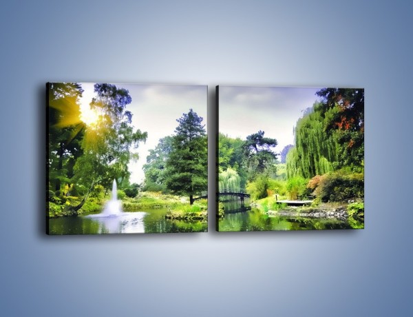 Obraz na płótnie – Drzewka woda i mostek – dwuczęściowy kwadratowy poziomy KN1114