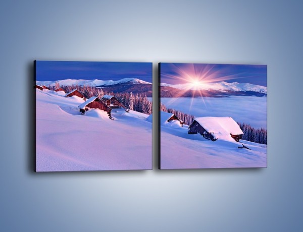 Obraz na płótnie – W górskiej chatce zimą – dwuczęściowy kwadratowy poziomy KN977